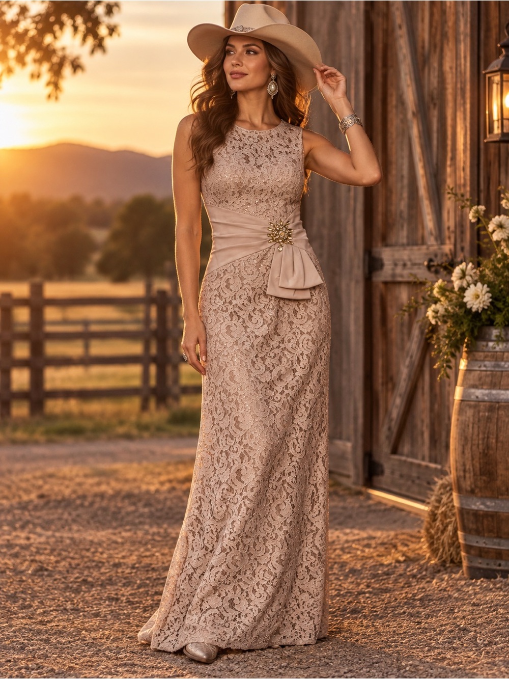 Eliza J Champagne Lace Sequin Embellished Formal Maxi Gown Size 4 NWT